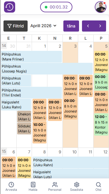 Wemply mobiilikalender töötajate vahetuste ja puhkustega